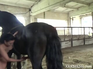 Naked woman feels entire horse dick in her tight holes